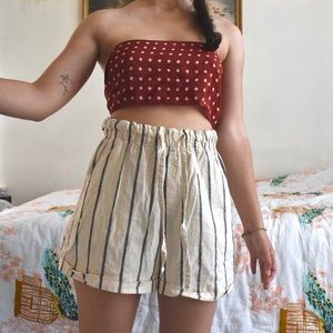 Cream colored linen shorts with gray stripes